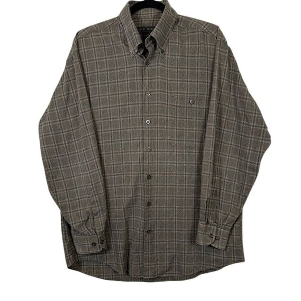 Scott Barber Brushed Cotton Button Shirt Gray Black Windowpane Plaid Size‎ Large